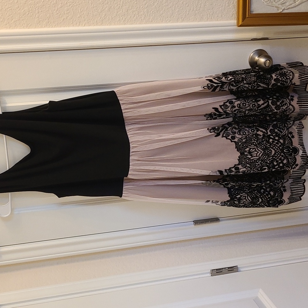 Black & Cream Dress, Flocked Lined Net Skirt, Black Knit Top